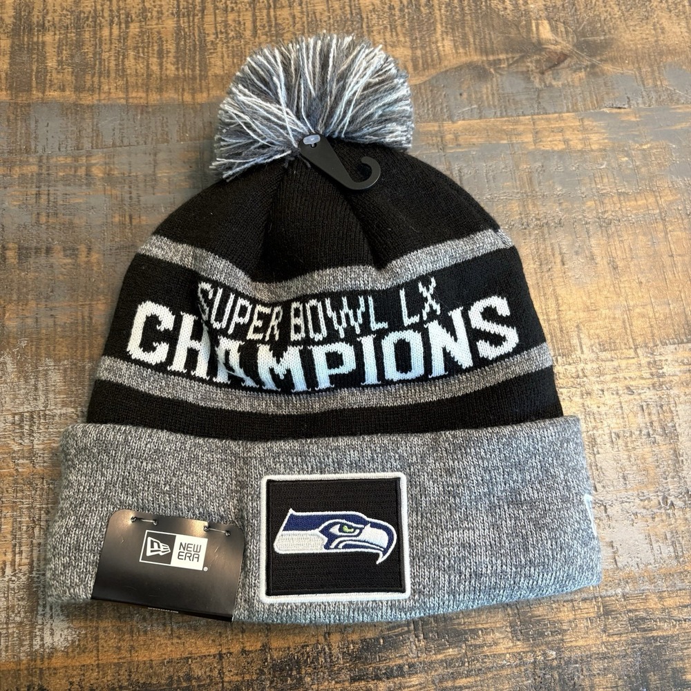 Seattle Seahawks New Era Super Bowl LX Champions Pom Knit Hat 2026